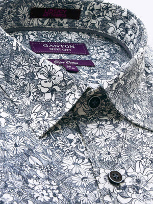 Grey White Floral Liberty Print Tailored Fit Lee Pure Cotton Shirt