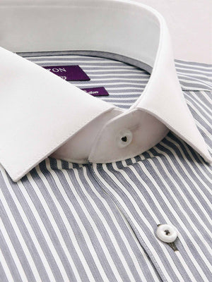 Grey White Collar Stripe Tailored Fit Brandon Easy Iron Swiss Cotton Shirt
