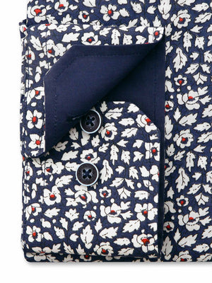 White Navy Floral Print Tailored Fit Gregory Pure Cotton Shirt