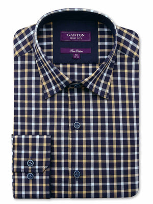 Navy Brown Check Tailored Fit Cameron Cotton Shirt