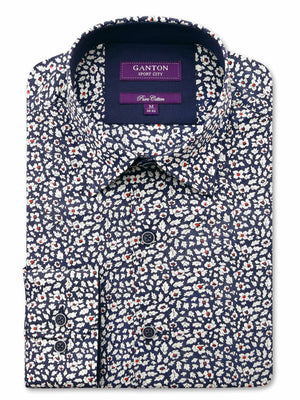 White Navy Floral Print Tailored Fit Gregory Pure Cotton Shirt